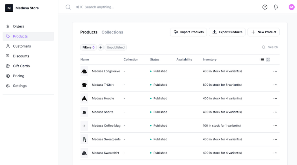 Screenshot of an ecommerce web application including products and data tables